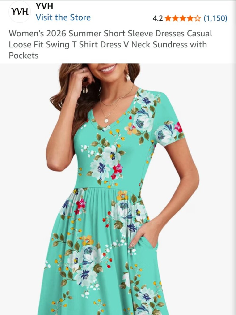 NWT! YVH Short Sleeve Swing T-Shirt Dress in Mint Green Floral size Medium